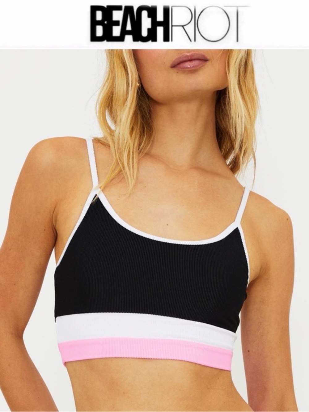 BEACH RIOT Eva Bikini Top Prism Pink Colorblock Crop Top Sz XS NWT $98